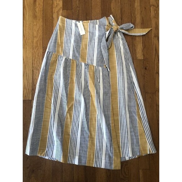 NWT Anthropologie Maeve Size 2 Laura Blue Yellow Striped Wrap Midi Skirt - Picture 1 of 5